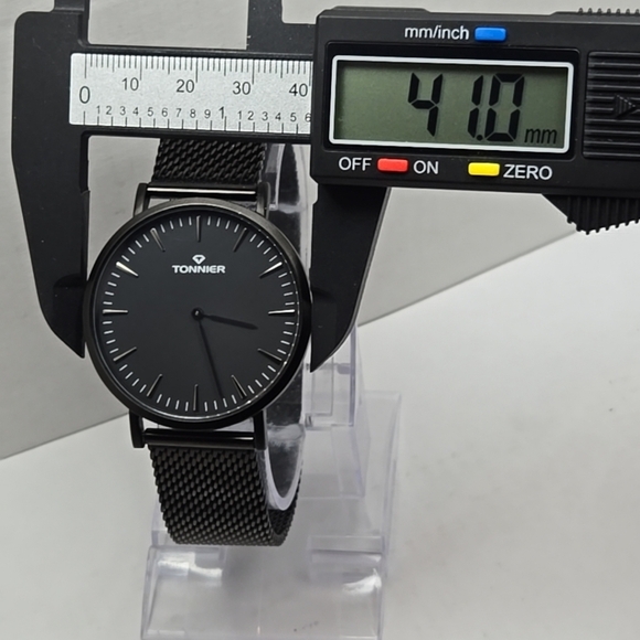 Mens Tonnier Black Stainless Steel Slim Watch Quartz New Battery Mesh Classic - Picture 4 of 9